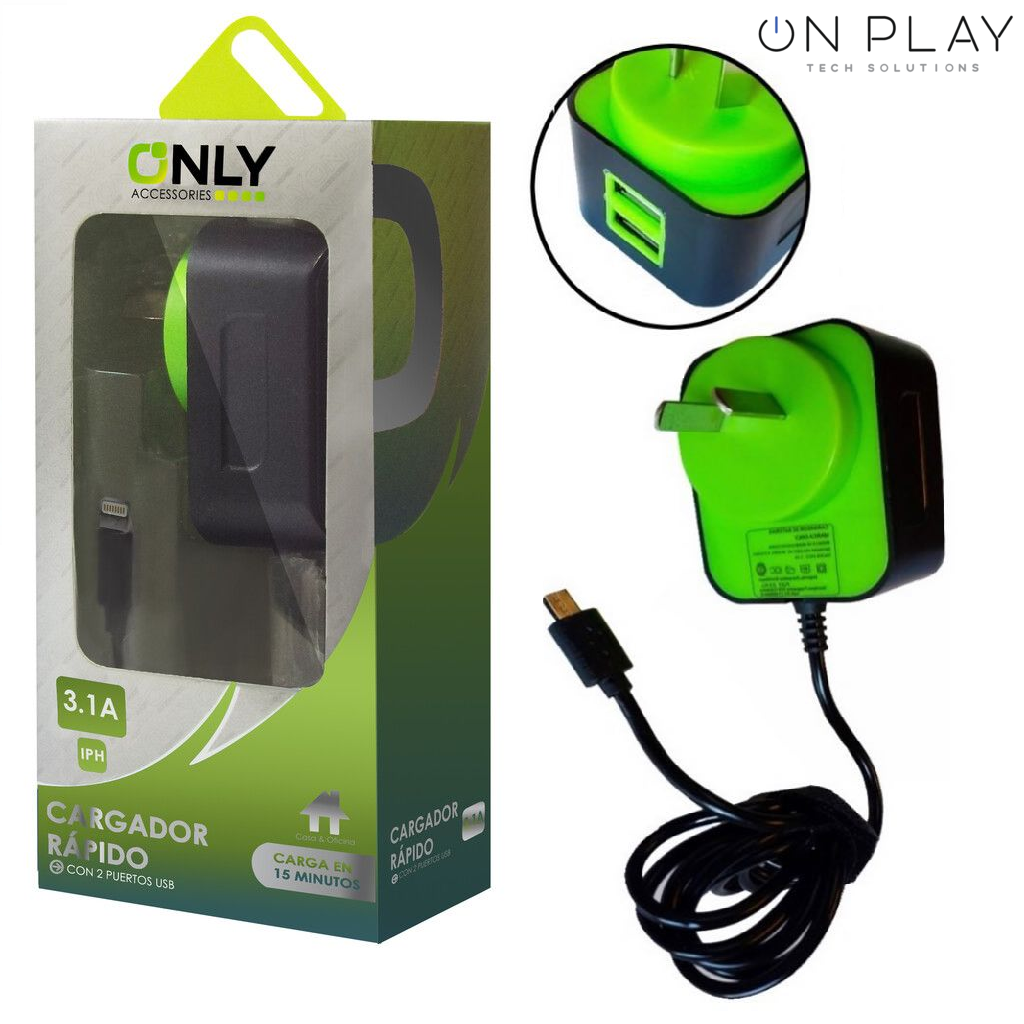 CARGADOR 220V ONLY POTENCIADO 3.1 2 USB XF-83 PARA IPHONE VERDE