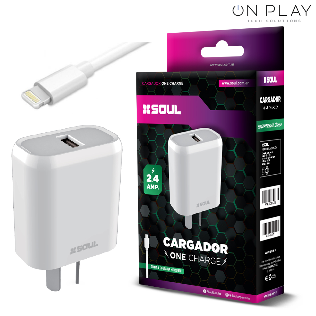 CARGADOR RAPIDO SOUL ONE CHARGE 2.4 + CABLE LIGHTNING IPHONE