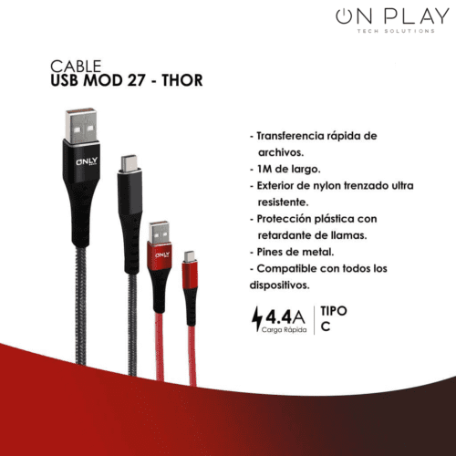 CABLE 4.4A ONLY THOR TIPO C ROJO - Imagen 4