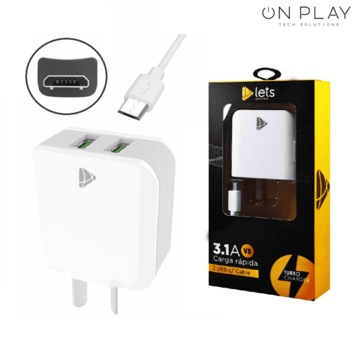 CARGADOR 220V LETS 3.1A CARGA RAPIDA 2 USB + CABLE MICRO USB –