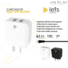 CARGADOR 220V LETS 3.1A CARGA RAPIDA 2 USB + CABLE MICRO USB -