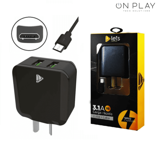 CARGADOR 220V LETS 3.1A CARGA RAPIDA 2 USB + CABLE MICRO USB –