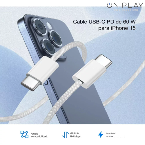 Cable Tipo-C a Tipo-C 60w para Iphone 15 / Pro / Pro Max -Replica - Imagen 5